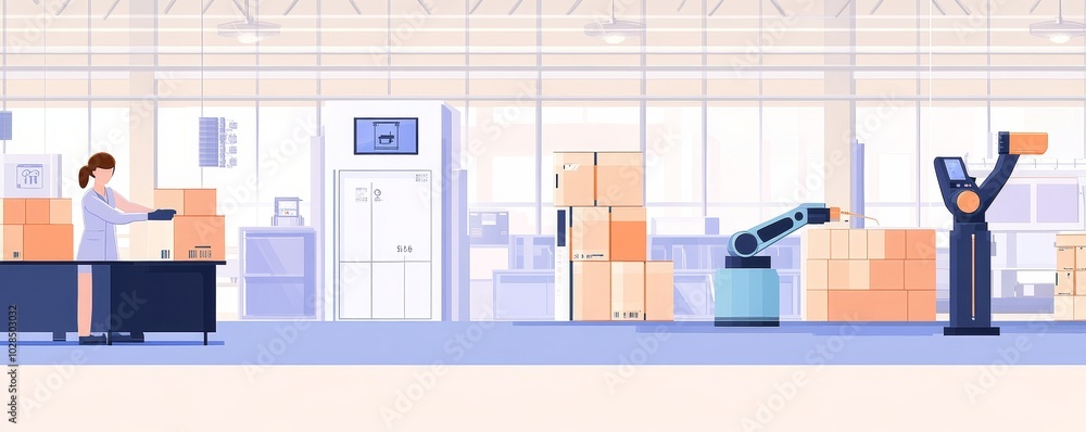 Poster a modern warehouse with robots assisting human workers in packaging and organization, showcasing aut