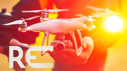 Fototapeta premium A person holds a modern drone with sunset lighting, showcasing technology and innovation in aerial photography.