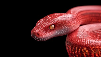 Fototapeta premium Close-up of a vibrant red snake with striking patterns and bright yellow eyes, captured against a dramatic black backdrop.