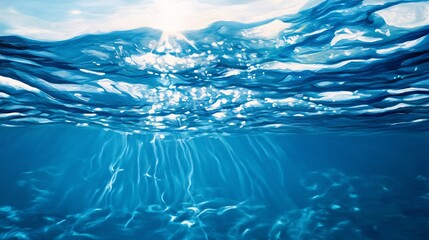 2410_133.a peaceful underwater landscape, with the sunlight filtering through gentle waves, casting sparkling reflections on the water the upper portion of the image shows light interacting with soft