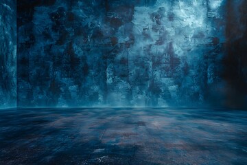 An empty room with a waterfall in the background