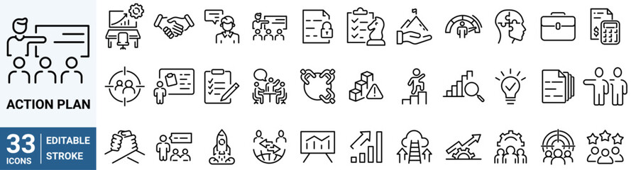 Strategy and action line icons. Containing planning, schedule, analysis, tasks, goal.