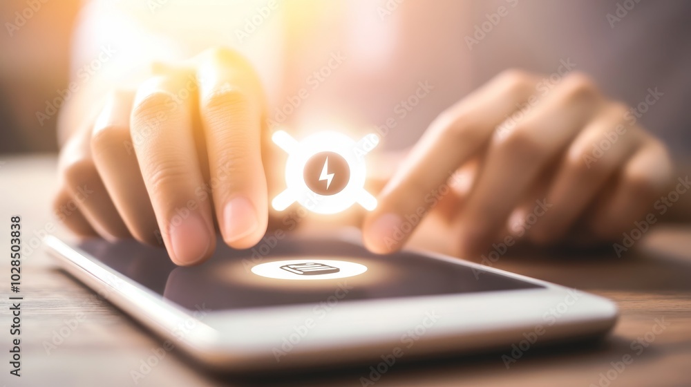 Poster a person activating a digital interface on a smartphone, symbolizing technology and innovation in a 