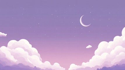 A crescent moon and stars shine in a lavender sky with white clouds.