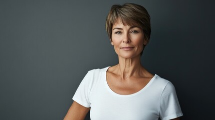 Obraz premium Beautiful older woman in white t-shirt female breast dark background Breast cancer support, prevention, mammography, screening, oncology, cancer treatment