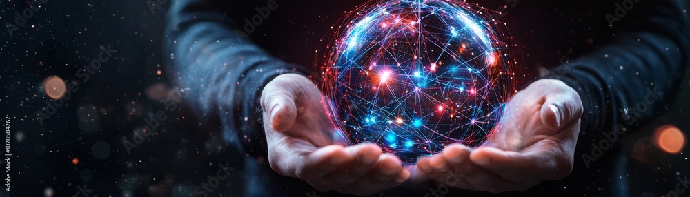 Poster a captivating image of hands holding a glowing sphere, representing connection and the universe's my