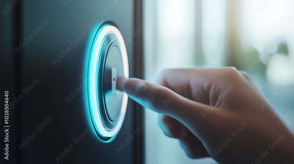 Poster a hand pressing a modern touch button on a sleek device, showcasing technology and user interaction 