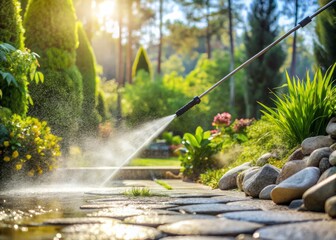 Naklejka premium Minimalist Cleaning Scene: High Pressure Power Washer in Action on Stone Garden Paths for Stunning Outdoor Aesthetics