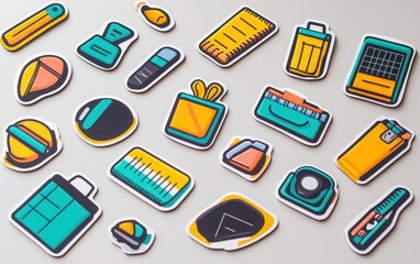 Fototapeta premium A creative collection of school bag stickers icons, featuring a mix of engaging designs like rulers, erasers, and chalkboards