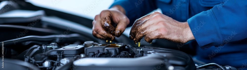 Poster a mechanic performs maintenance on a car engine, showcasing skilled hands working meticulously for e