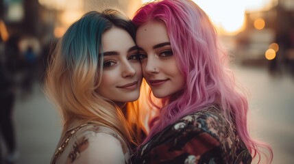 Obraz premium Two close transgender friends stand side by side, smiling and embracing each other as the sun sets behind them, highlighting their joyful connection and vibrant hairstyles
