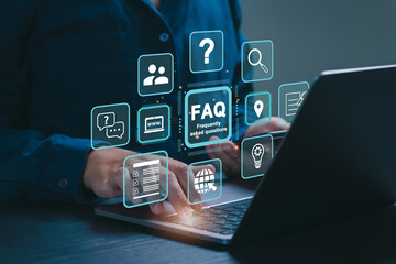 FAQ, frequently asked questions concept. Businessmen answer customer questions online, and Q and A....