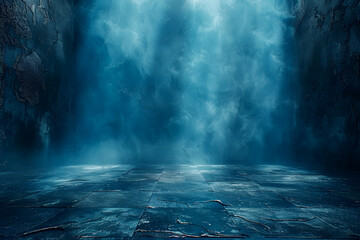 Naklejka premium Photography and Front View of Minimalist Sleek and Mysterious Empty Dark Blue Studio Room Background, Perfect for Elegant Visuals. Shadow on Wall