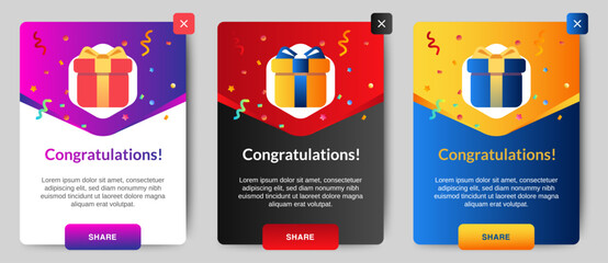 Congratulations flash message ui design template. banner pop up banner notification. vecto