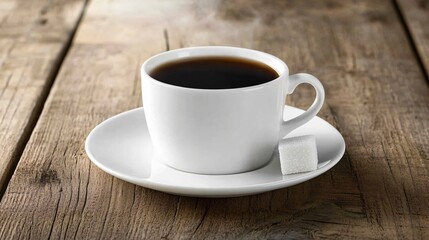 Obraz premium A cup of classic black coffee, placed on a white saucer with a single sugar cube on the side, isolated on a rustic wooden background with subtle steam details