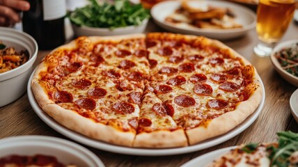 A lively pizza party gathering featuring friends and family enjoying delicious pepperoni pizzas