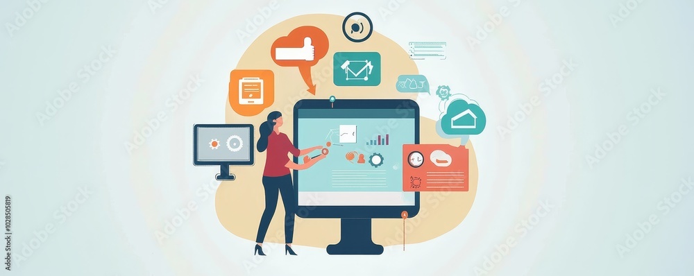 Poster a woman interacting with a computer, showcasing data analysis and digital communication in a modern 