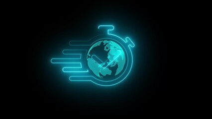 Glowing neon set time icon isolated on black background.