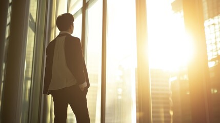 Fototapeta premium A silhouette of a businessman gazing out the window, illuminated by warm sunlight, symbolizing ambition and opportunity.