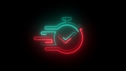 Glowing neon set time icon isolated on black background.