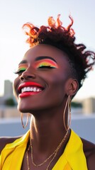 Obraz premium An African American person smiles broadly, highlighting bold and colorful makeup that expresses joy and LGBTQ pride amidst a sunny urban skyline backdrop