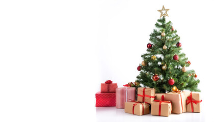 Christmas tree with Christmas ornaments and Christmas gifts beside it. isolated on white background