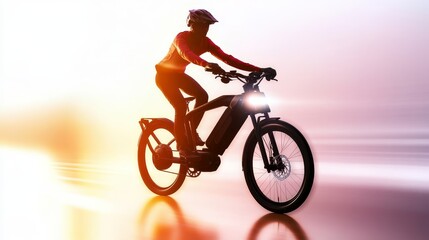 Fototapeta premium An energetic rider navigates through a sunset on an electric bike, capturing the thrill of modern cycling.