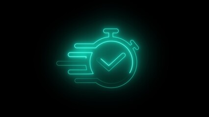 Glowing neon set time icon isolated on black background.