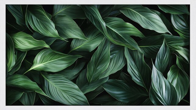 2410_025.overlapping spathiphyllum cannifolium leaves in a dark green color palette, creating a rich natural texture, a clean white rectangular frame contrasts with the organic shapes of the leaves,