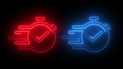 Glowing neon set time icon isolated on black background.