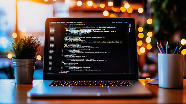 Laptop displaying coding script on screen, cozy cafe setting, warm lighting, coding concept, software development environment with a blurred bokeh background.