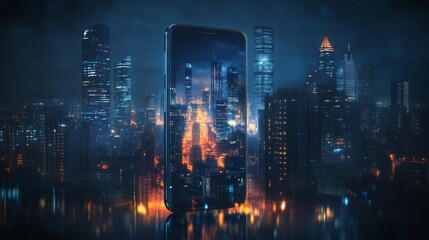 Fototapeta premium A futuristic city skyline reflected in a smartphone screen.