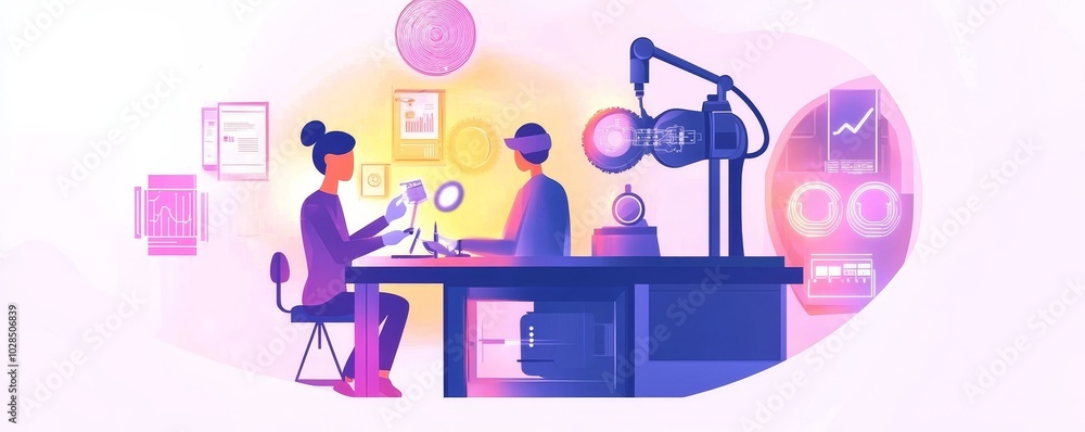 Poster creative workspace showcasing individuals collaborating on a project with modern tools and data visu