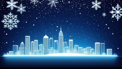 Futuristic city skyline with glowing outlines of skyscrapers and falling snow, creating a wintery and modern urban scene