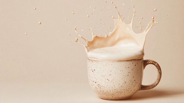 A rich cafe con leche with a layer of frothy milk, served in a ceramic mug, isolated on a soft beige background with artistic coffee splash details