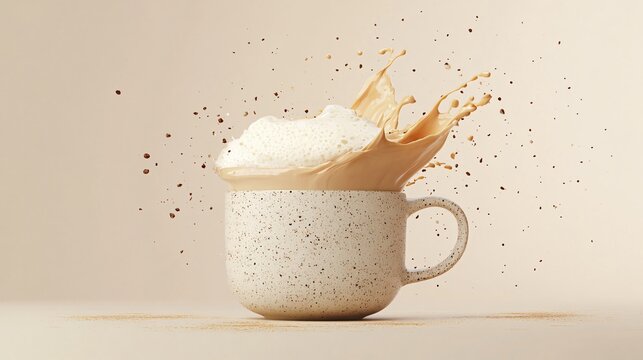 A rich cafe con leche with a layer of frothy milk, served in a ceramic mug, isolated on a soft beige background with artistic coffee splash details