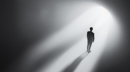 A solitary figure stands in a dimly lit space, enveloped in shadows and light, evoking a sense of mystery and introspection.