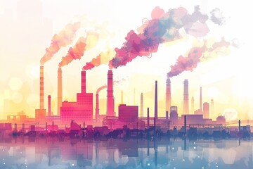Colorful Industrial Landscape with Smokestacks and Pollution