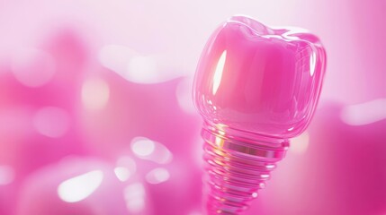 Detailed shiny implant in smooth pink gum, glowing pink background, dental health, highlighting elegance in dental solutions