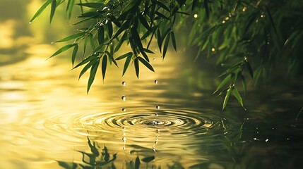 2410_096.a tranquil scene with fresh green bamboo leaves gracefully hanging over still water gentle ripples expand outward from a single droplet, creating a peaceful, meditative ambiance the water
