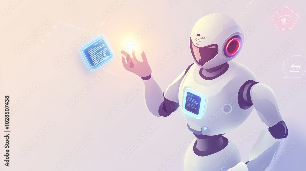 Poster a futuristic robot interacting with a glowing digital interface, showcasing advanced technology and 