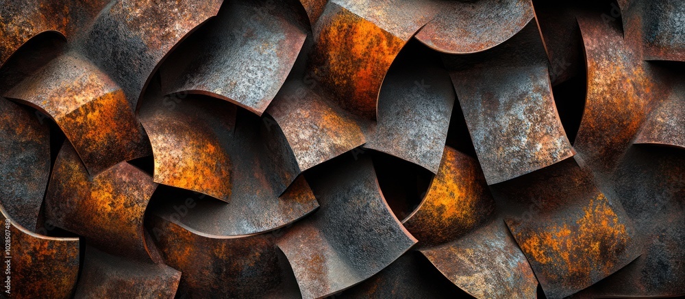 Poster abstract background of rusty metal pieces arranged in a chaotic pattern.