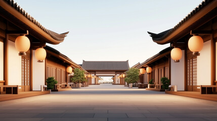 Fototapeta premium A long, narrow street with a large building on one side