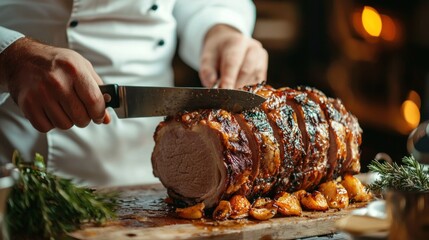a chef skillfully carving a roast at a festive dinner, showcasing culinary expertise and presentation