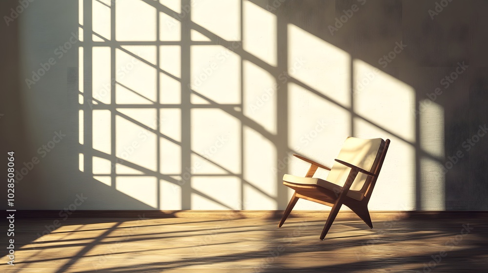 Poster 11. a single chair in an empty room with large windows, casting long shadows
