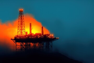 Obraz premium Offshore Oil Rig Silhouette at Sunset with Dramatic Sky