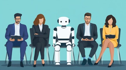 Obraz premium AI robot sits among people in a waiting room waiting for a job interview, replacing humans with artificial intelligence