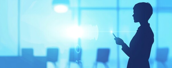 Obraz premium A professional silhouette using a smartphone in a modern office setting, showcasing a serene and productive atmosphere.