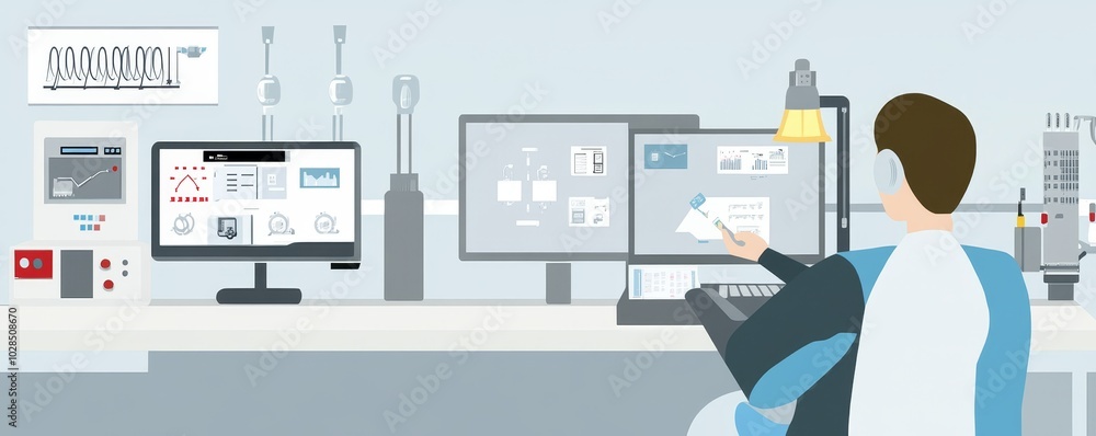 Poster a person working at a modern workstation with multiple screens, focused on digital tasks in a clean 