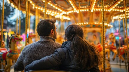 Fototapeta premium adults reminiscing about their childhood as they watch a carousel, representing the timeless nature of joy and innocence